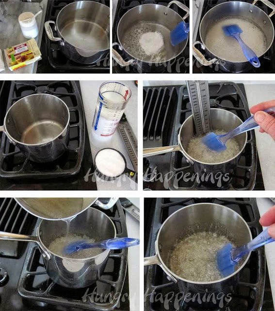 Making homemade gumdrops using pectin, sugar, and corn syrup. 