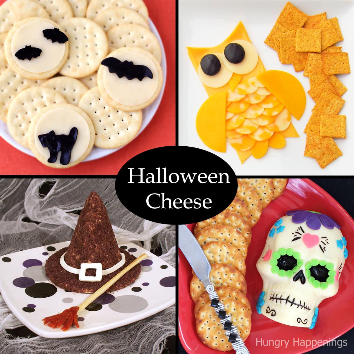 Halloween cheese including black bats, orange owls, a cheese ball witch hat, and a decorated sugar skull cheese.