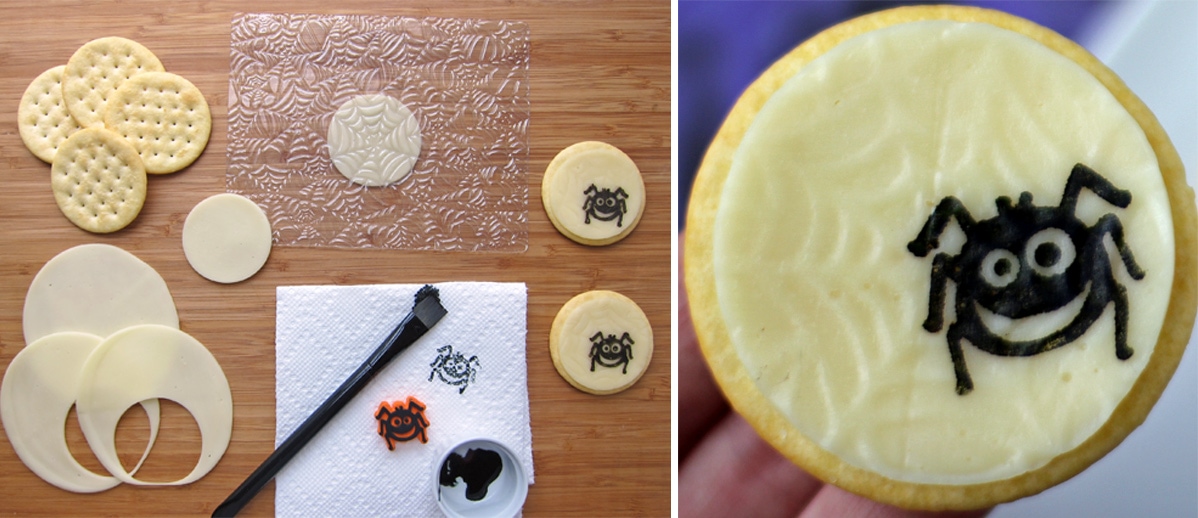 white spider web cheese decorated with a black spider using a stamp.