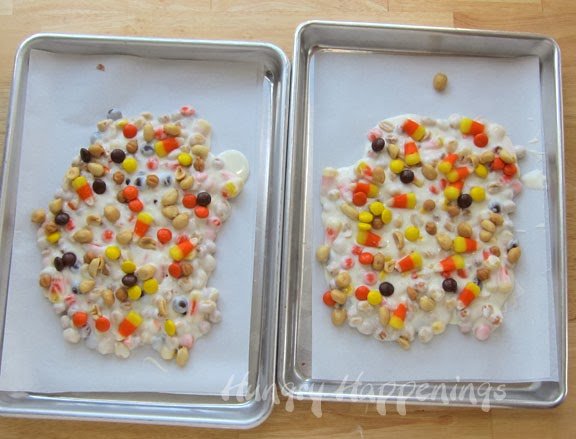 top the candy corn bark with more candy corn, caramel bits, peanuts, and Reese's Pieces.