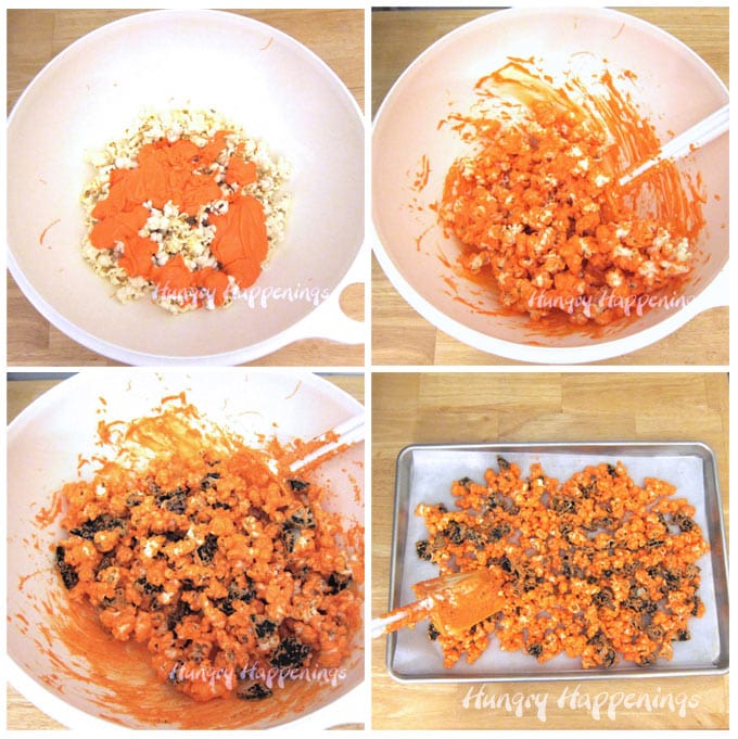 pour melted orange candy melts over popped popcorn, toss to coat, add OREO cookie pieces, toss to coat, then spread onto a parchment-paper lined pan