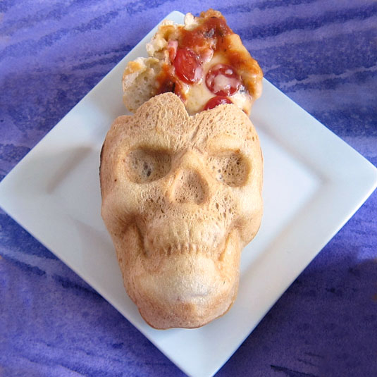 Pizza Skull that was baked in a Nordic Ware Haunted Skull Cakelet Pan