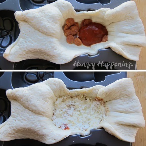lining a pizza skull pan with pizza dough, pizza sauce, mini pepperoni, and shredded Mozzarella cheese. 