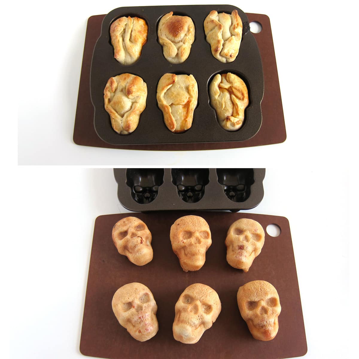 un-molding the pizza skulls from a Nordicware pan.
