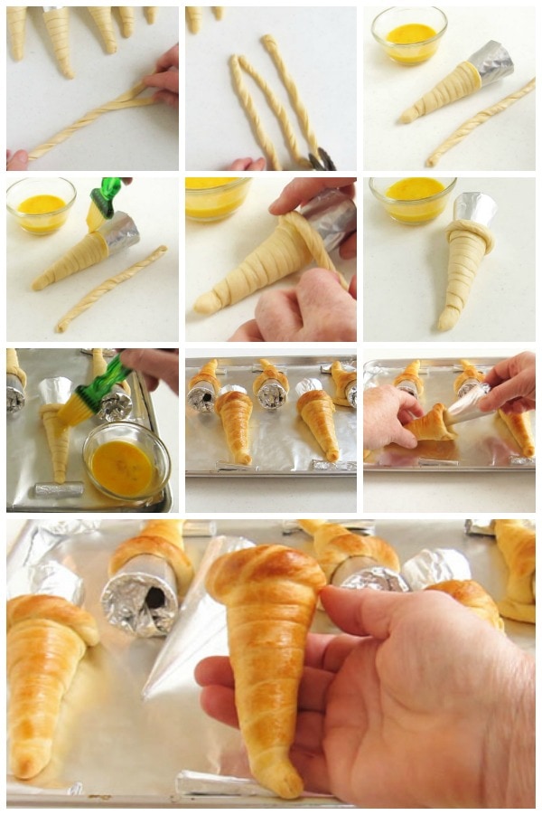 collage of images showing how to add a braided band around the opening of the crescent roll cornucopia before baking