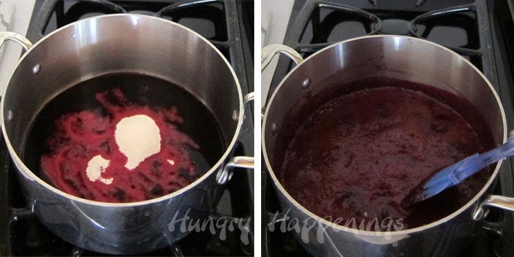 cooking blueberry puree and pectin in a saucepan.
