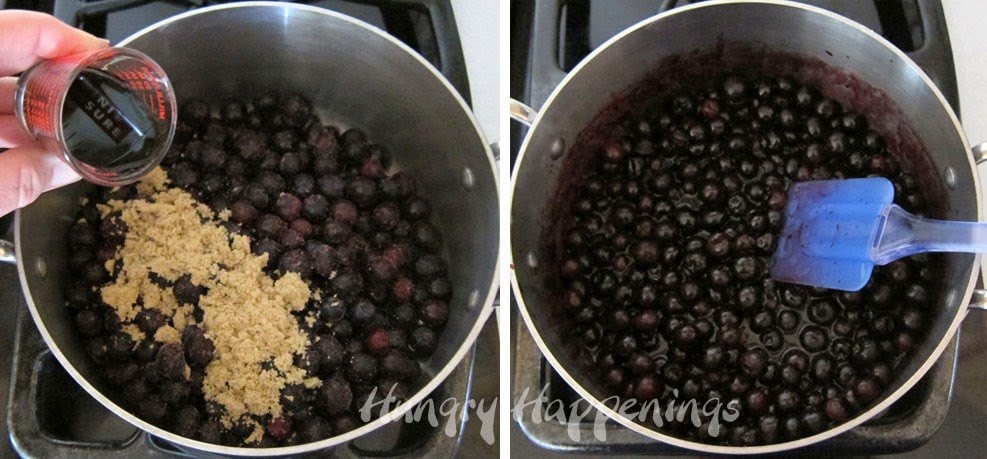 cooking blueberries, brown sugar, and balsamic vinegar. 