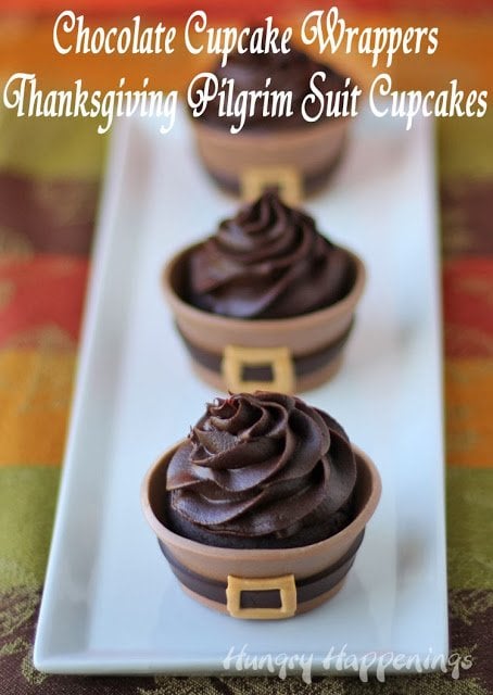 Your dinner guests will fall in love with these luscious chocolate Thanksgiving Cupcakes. Each chocolate cupcake is wrapped in a milk chocolate pilgrim suit cupcake wrapper that looks like a pilgrim suit. They are the perfect ending to your Thanksgiving dinner. 