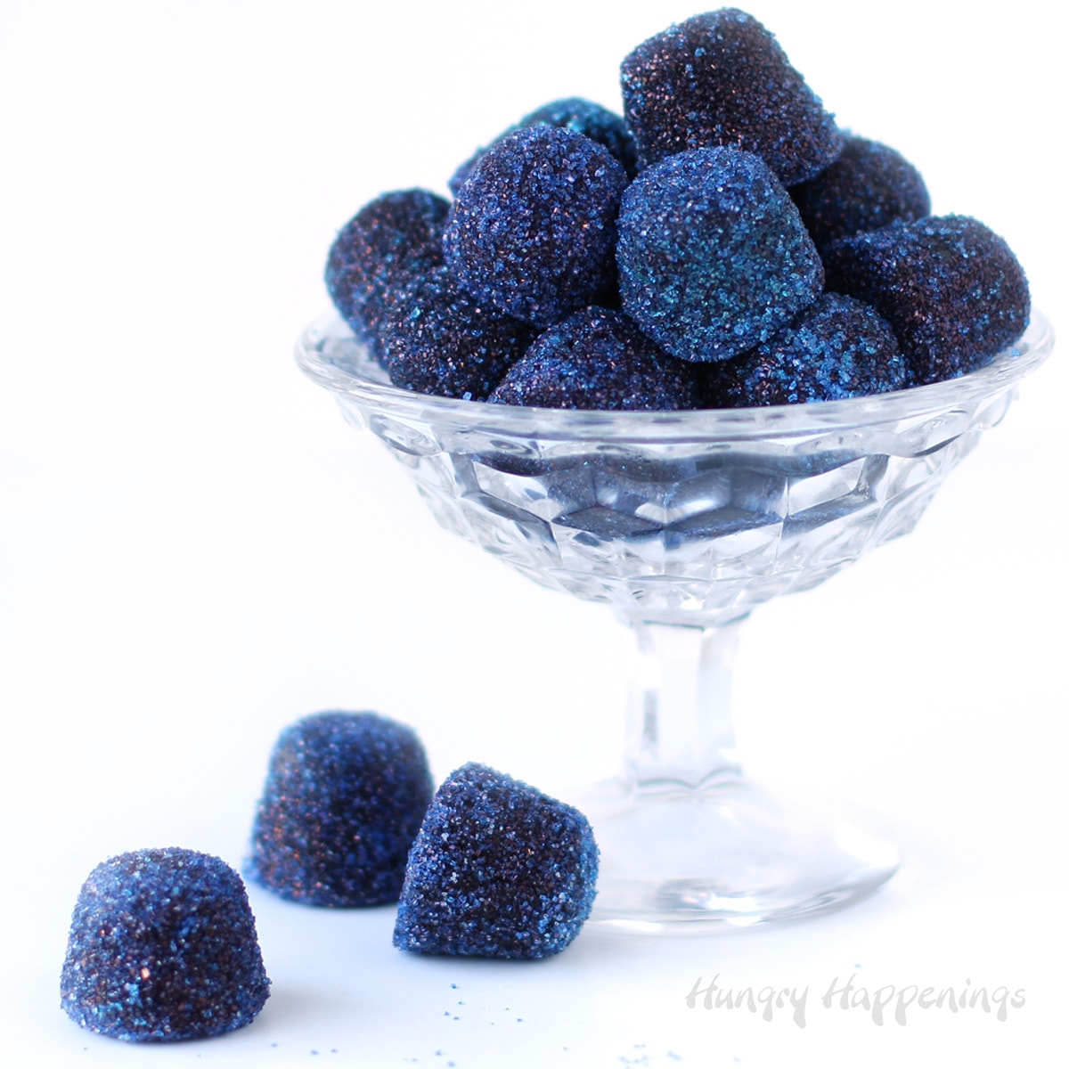 homemade blueberry gumdrops in a candy dish.