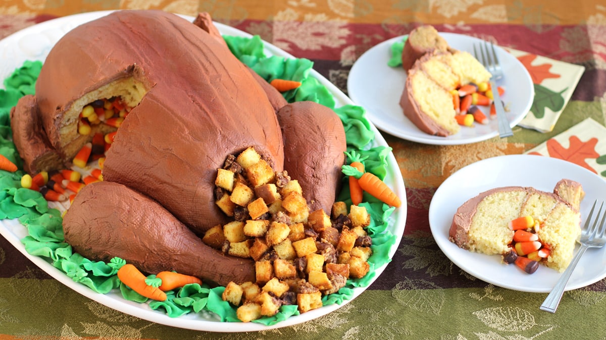 roasted turkey cake filled with stuffing and candy.