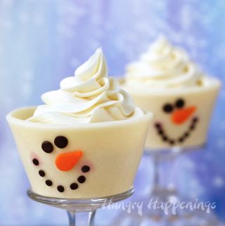 Snowman cupcakes are wrapped in white modeling chocolate and are completely edible.