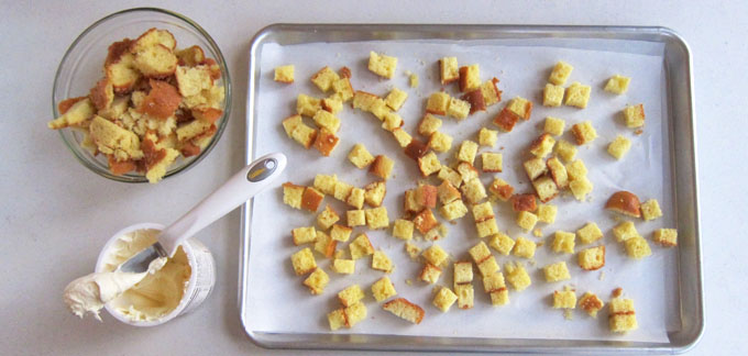 making toasted cake cubes to make faux stuffing. 