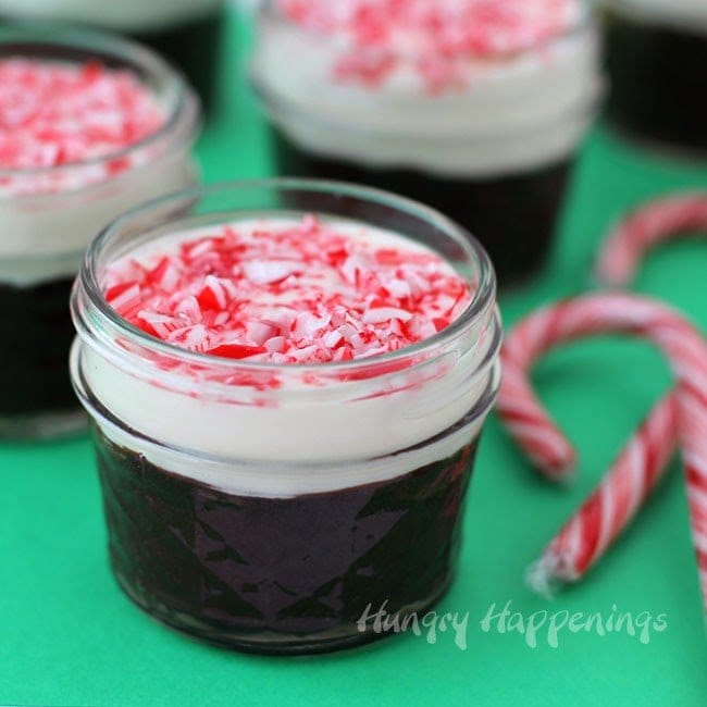 This Christmas, serve your guests a treat they will remember. This decadent Peppermint Bark Layered Dessert is served in adorable Mini Mason Jars filled with White Chocolate Mousse and Flourless Chocolate Cake and is topped with Peppermint Bark Chips.