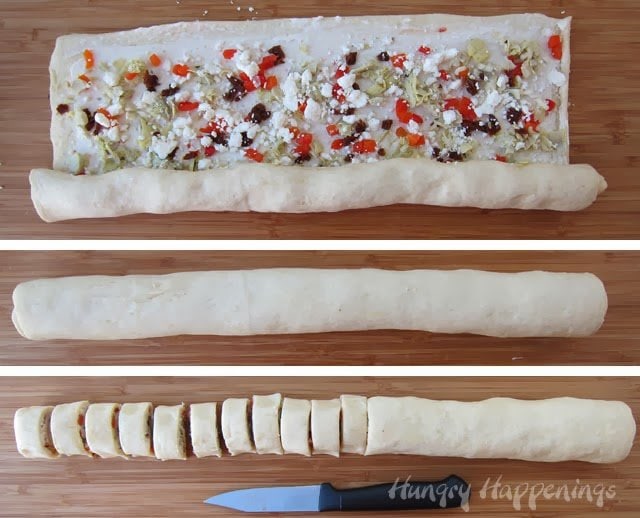 roll up the crescent roll dough sheet around the filling, then cut the roll into slices