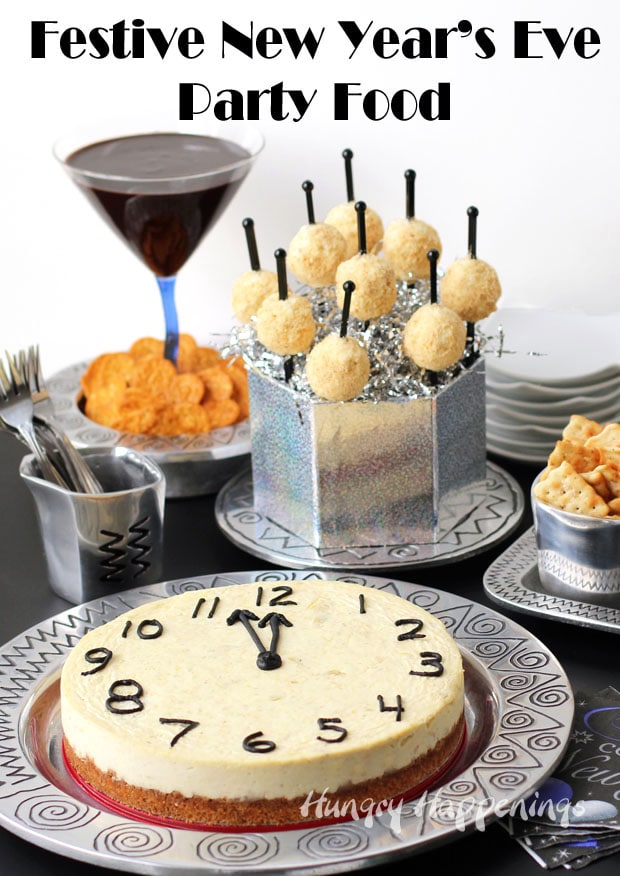 New Year's Eve Party Food - Parmesan Artichoke Cheesecake Countdown Clock, Mini Cheese Balls, and Chocolate Dip