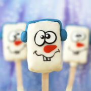 snowmen Rice Krispie treat lollipops.
