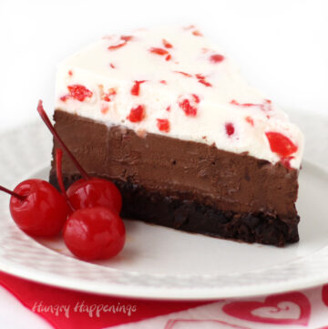 3-layer chocolate cherry mousse cake with flourless chocolate cake base, chocolate mousse, and white chocolate maraschino cherry mousse
