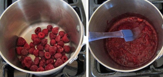 puree raspberries on the stove