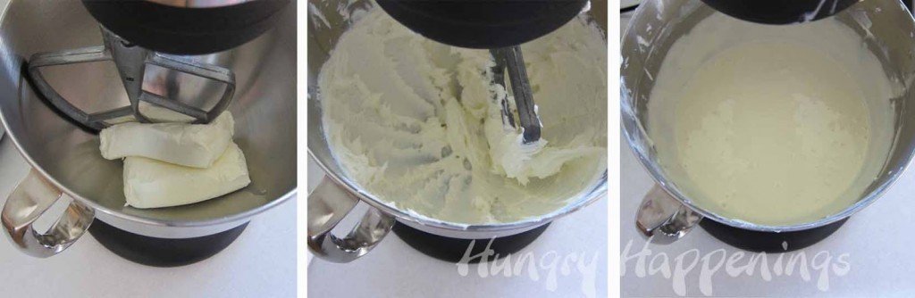 blending cream cheese, sugar, eggs, and sour cream to make cheesecake filling