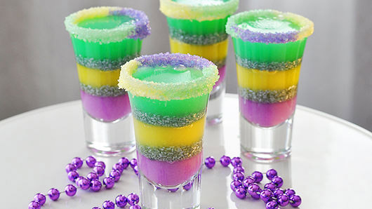 purple, yellow, and green Mardi Gras jell-o shots