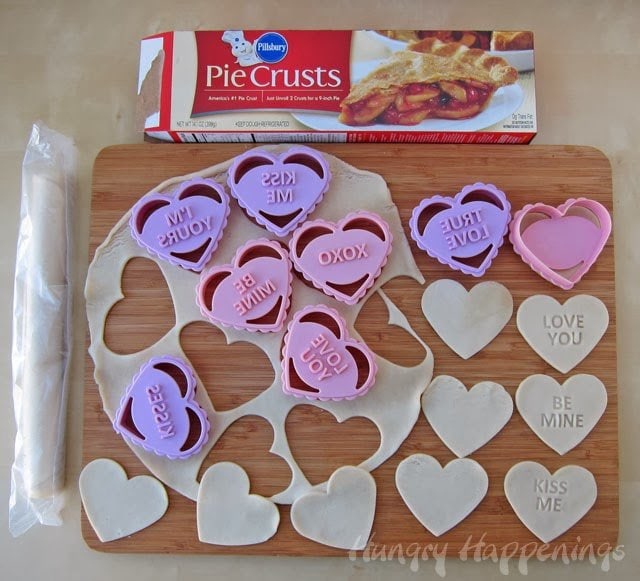 cut out pie crust using conversation heart cookie cutters