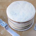 crumb coat the round cake with a thin layer of white frosting