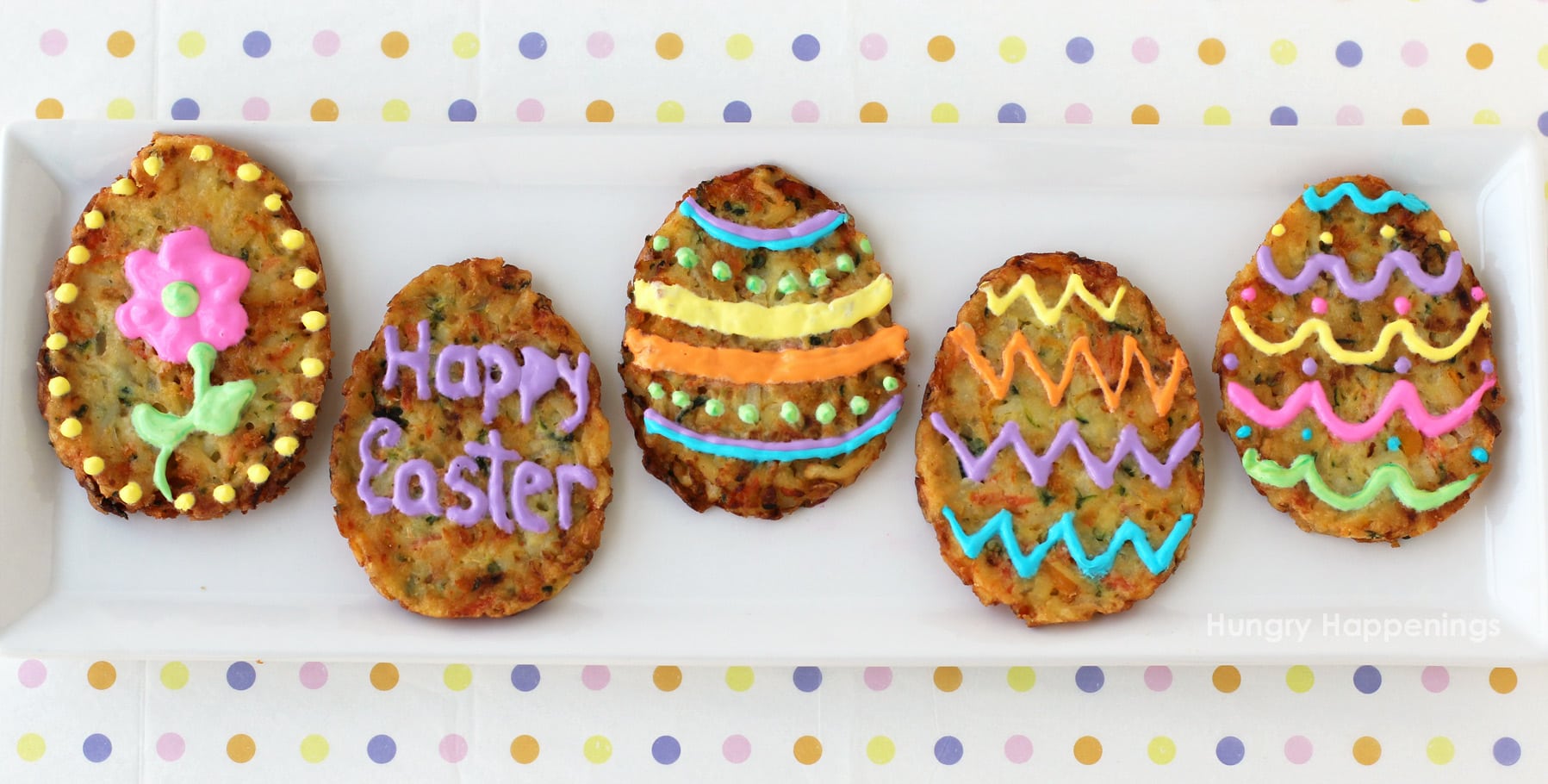 Easter brunch potato pancakes shaped and decorated like Easter eggs. 
