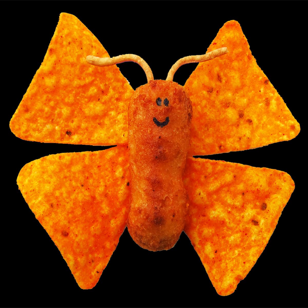 chicken tender butterfly with Dorito wings and chow mein noodle antennae.