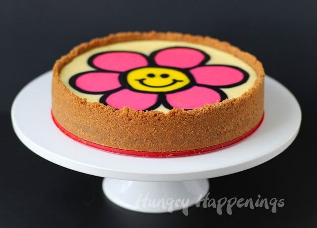 daisy cheesecake with a graham cracker crust decorated with a prink daisy