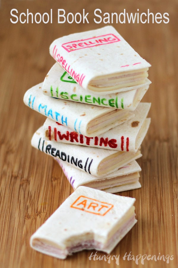 school book sandwiches made using soft flour tortillas with lunch meat and cheese are decorated with food coloring markers