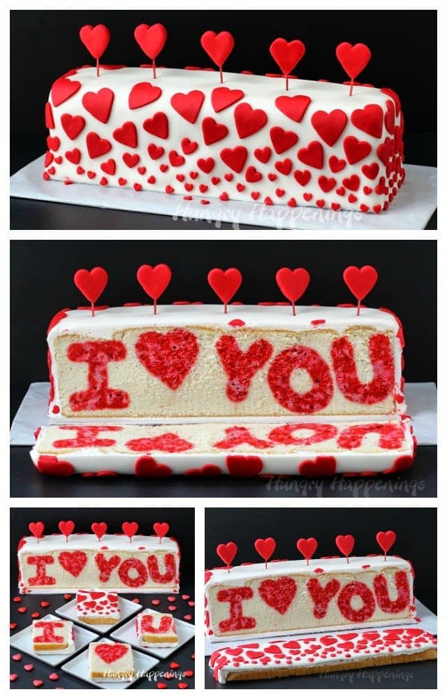 Valentine's Day loaf cake decorated with red fondant hearts and I Love You inside. 