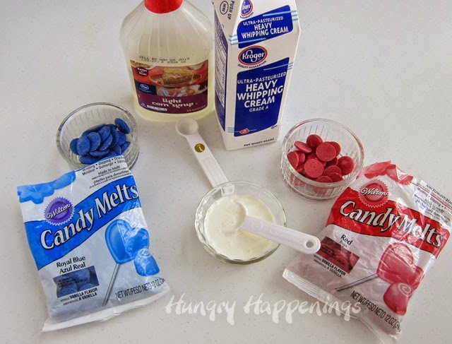 Blue, white, and red ganache ingredients including candy melts, light corn syrup, and heavy whipping cream. 