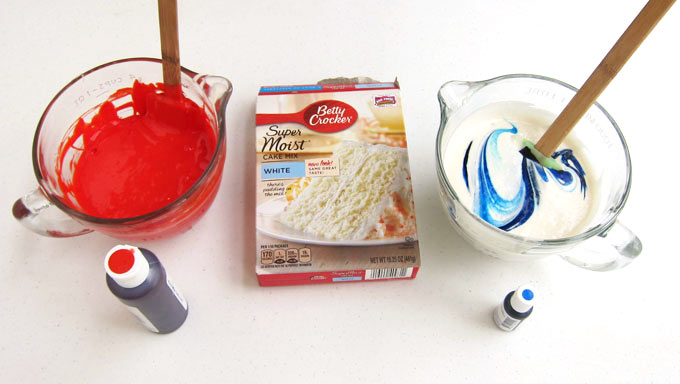 coloring cake batter red and blue using food coloring