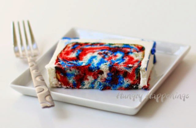 Slice of Red, White and Blue Tie-Dye Cake
