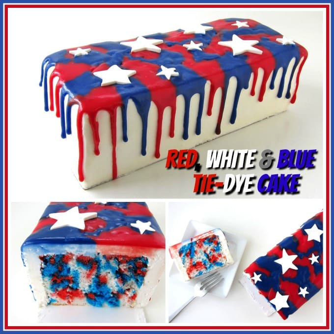 4th of July Red, White and Blue Tye-Dye Cake decorated with dripping red and blue white chocolate ganache and topped with white stars. 