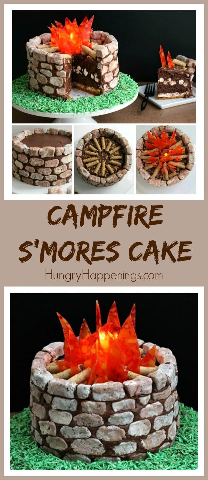 Campfire S'mores Cake with layers of gooey chocolate brownie, marshmallows, and graham crackers, all decorated with cookies 'n cream fudge rocks. 