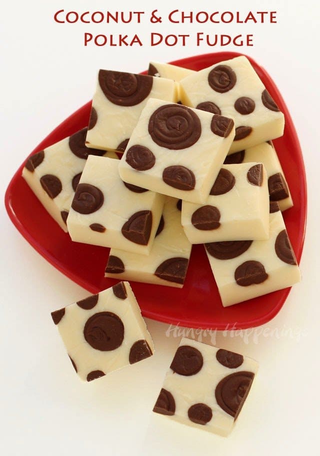 Dress up your homemade fudge by adding polka dots. This Polka Dot Chocolate and Coconut Fudge is super easy to make using just a few ingredients and will make a great gift for Christmas or birthdays. 