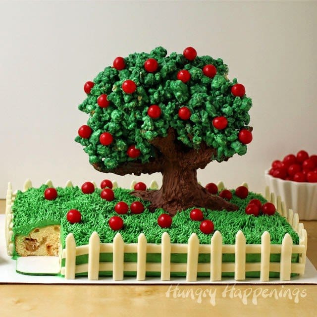 Apple Cinnamon Pound Cake topped with a Chocolate Apple Tree | HungryHappenings.com