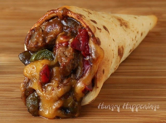 steak, peppers, and cheese stuffed in a baked Tortilla Cone