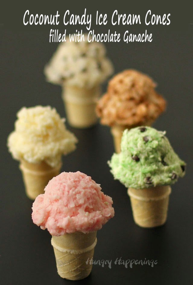 Coconut Candy Ice Cream Cones filled with Chocolate by Hungry Happenings
