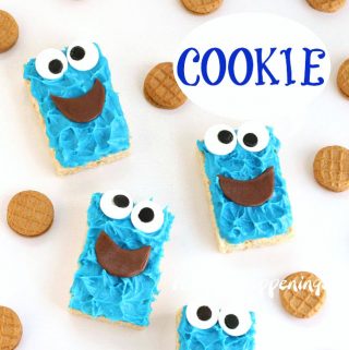 Cookie Monster Rice Krispie Treats with candy eyes, Tootsie Roll mouths, and mini Nutter Butter Cookies