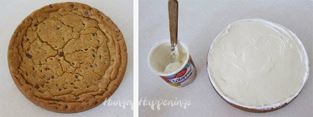Frosting a chocolate chip cookie cake 