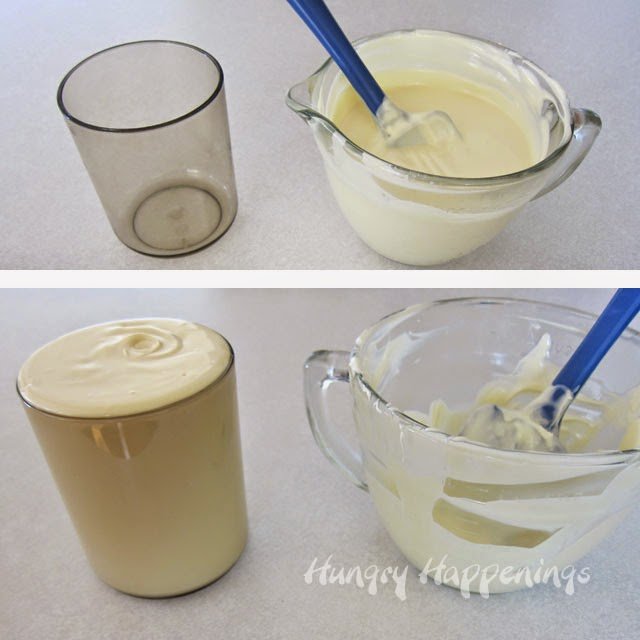 melted white chocolate in a bowl next to a canister and the canister filled with the white chocolate.