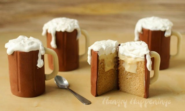 4 Root Beer Mug Cakes with one cut open showing the vanilla ganache inside | HungryHappenings.com