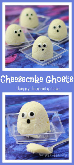 mini cheesecake ghosts with candy eyes and a sprinkle mouth are served on tiny plastic dessert plates