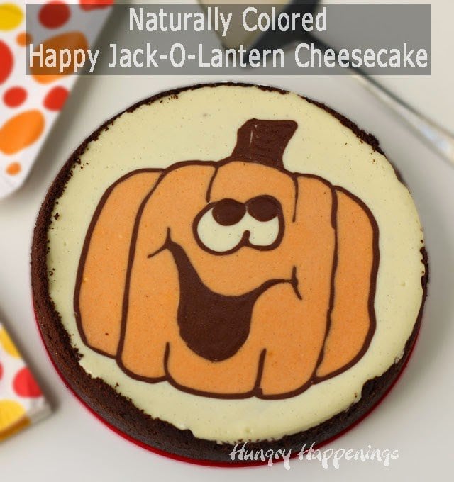 Naturally Colored Happy Jack-O-Lantern Cheesecake | HungryHappenings.com