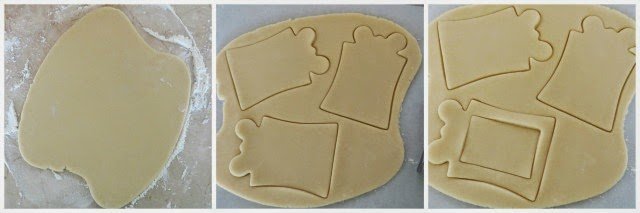 cutting out Christmas gift shaped cookie dough. 