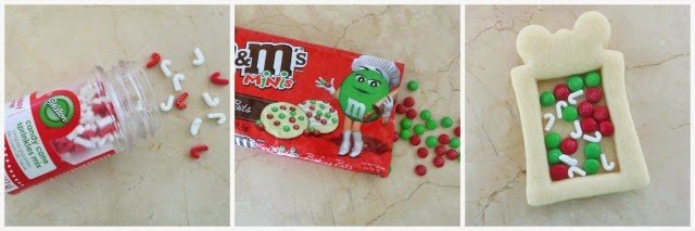 filling a Christmas gift cookie with mini Christmas M&M's and candy cane sprinkles. 