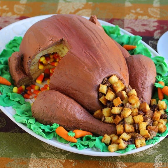 3-D turkey cake filled with pound cake stuffing and candy corn