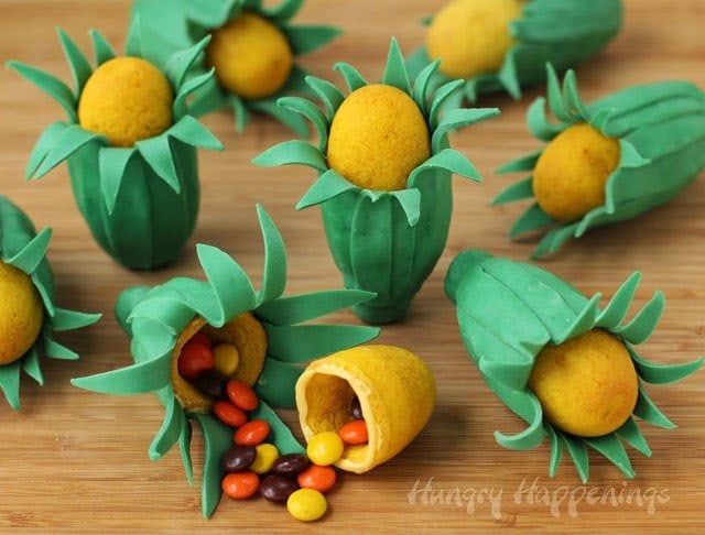 candy-filled corn cookies are decorated with green modeling chocolate husks. 